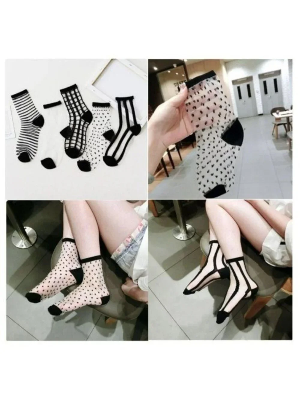 ⭐Women Silky Socks 5 Pairs Transparent Elastic Mesh  Multi design Ankle Black Ne